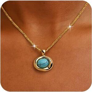 Vintage Turquoise Pendant Necklace | 14K Gold Plated Oval Choker with Bead Chain